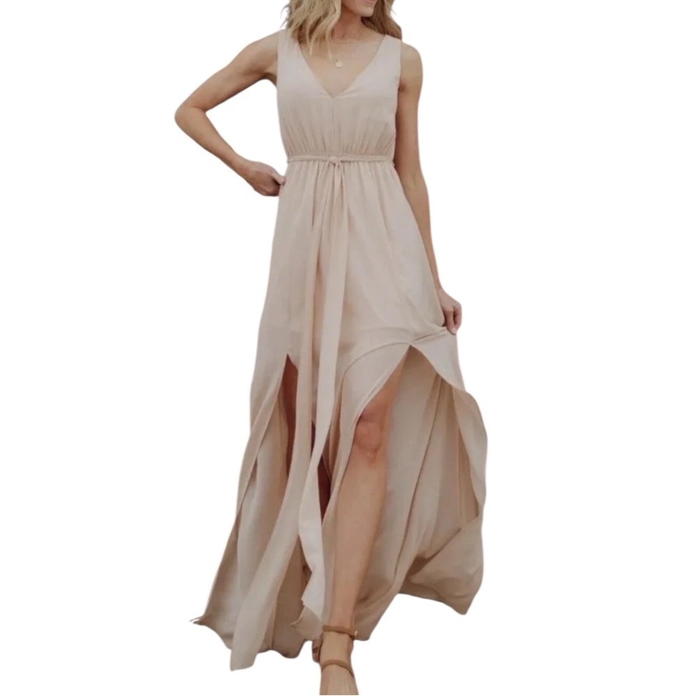 Baltic Born Hera Maxi Dress Cream Beige Nude With Side Slits and Tie Size Medium